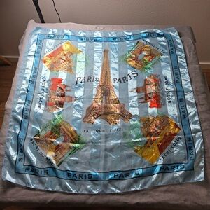 1960s Paris Landmarks Scarf Blue Satin Eiffel Tower Notre Dame Sacre Coeur
